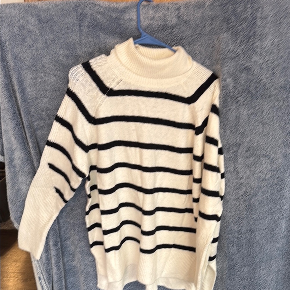 a new day White and Black Striped Turtleneck Sweater